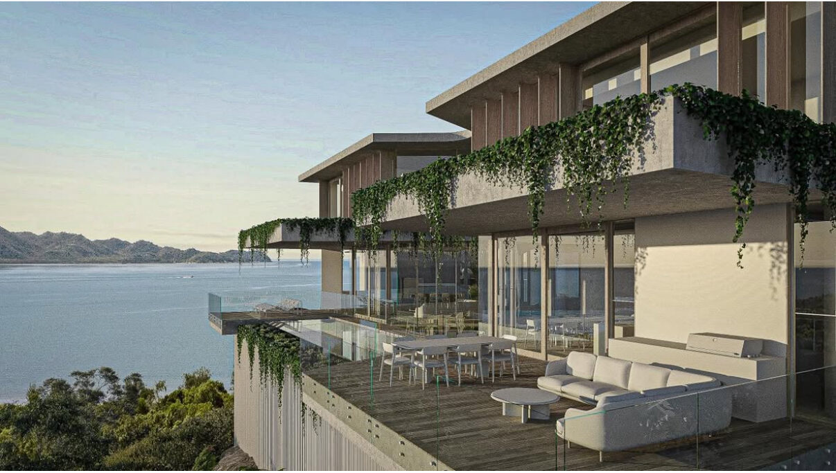 Concept home with cascading planted terraces overlooking the sea and island