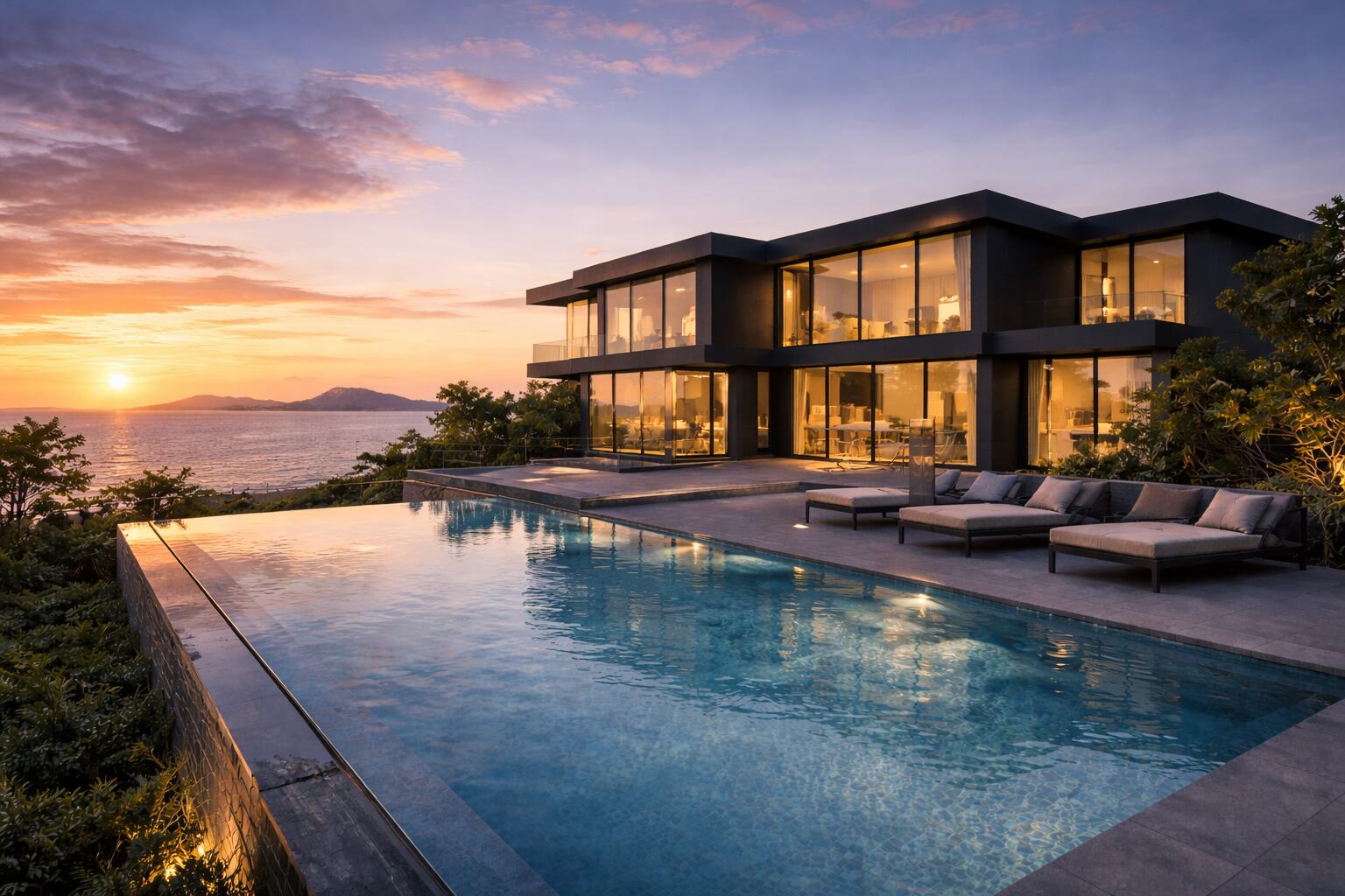 Concept home with an infinity pool at sunset, the island on the horizon