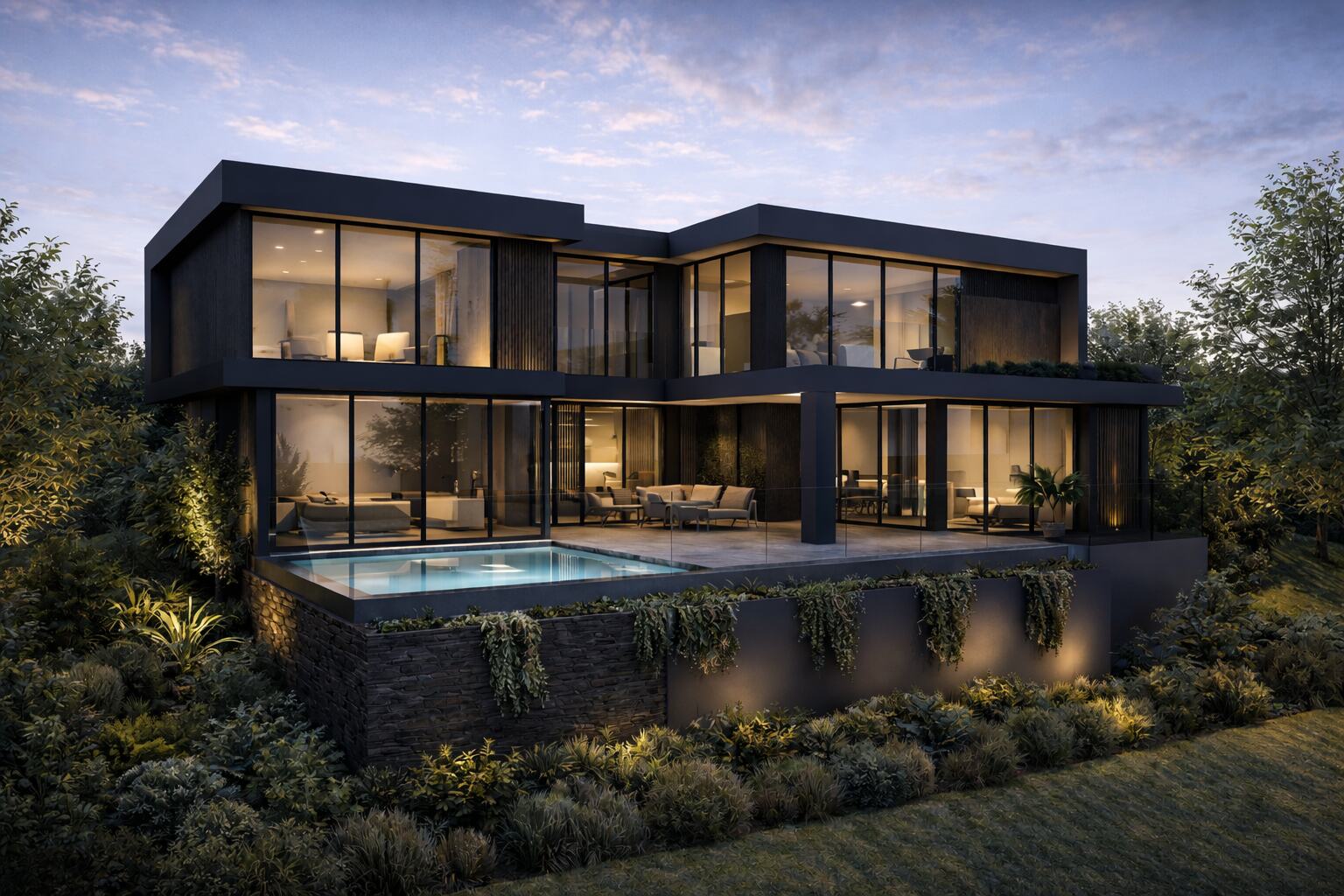 Two-storey concept home lit at dusk above a stone plinth and pool