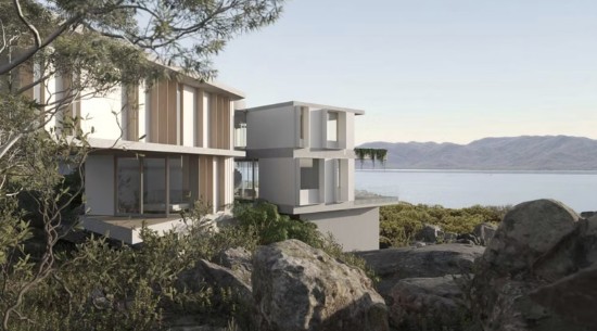 Concept for Lot 5: the home stepping down among granite boulders above the water