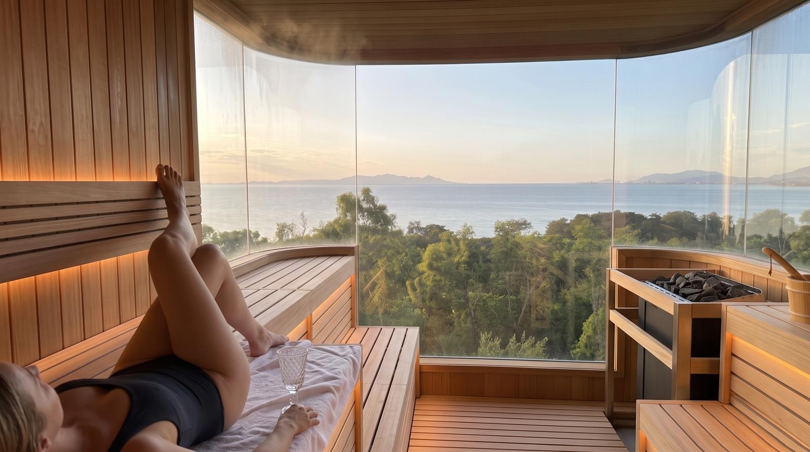 Sauna with a curved glass wall looking over the treetops to Magnetic Island