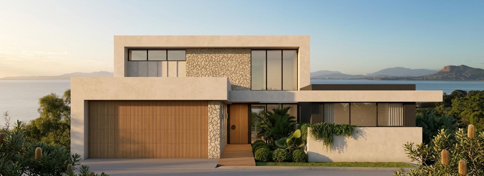 Front of a concept home in render, stone and timber with the bay and Castle Hill behind